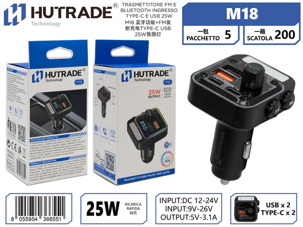 M18 TRASMETTITORE FM E BLUETOOTH INGRESSO TYPE-C E USB 25W