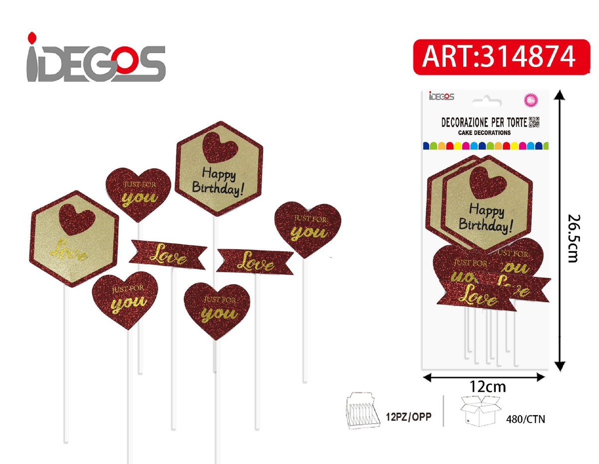 Decorazioni per torta Happy Birthday e Love con cuori rossi