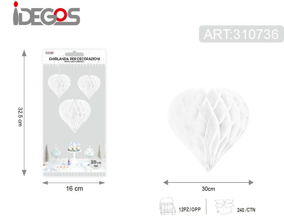 Decorazione in carta a nido d’ape, cuore, bianco, 30 cm
