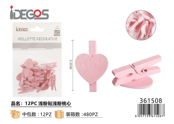 Mollette decorative con cuori rosa, 3 cm, 12 pezzi