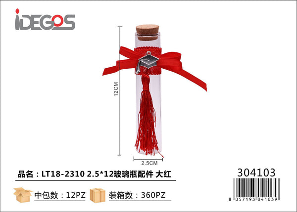 Bottiglietta in vetro con decorazioni rosse, LT18-2310, 2,5 x 12 cm