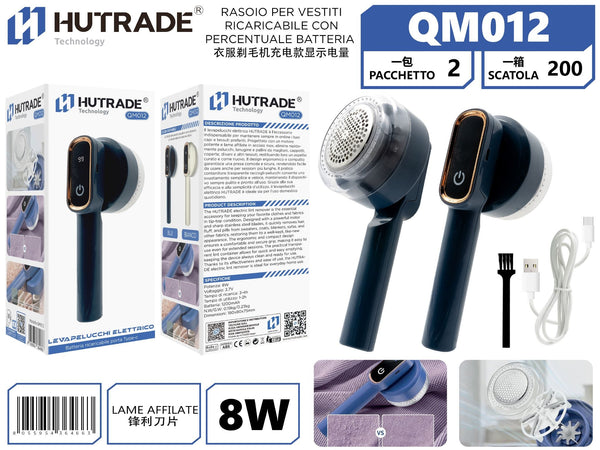 QM012 RASOIO PER VESTITI RICARICABILE CON PERCENTUALE BATTERIA