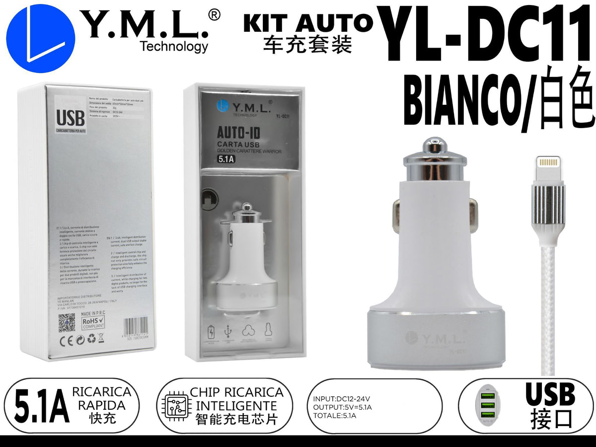 CARICATORE COMPLETO FAST PER AUTO A TRE INGRESSO USB CON FILO IOS 12V 5.1A – YL DC11 IOS
