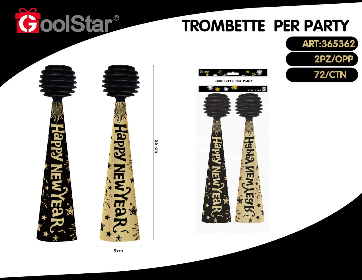 Trombette a soffietto Happy New Year, 26 cm, 2 pezzi