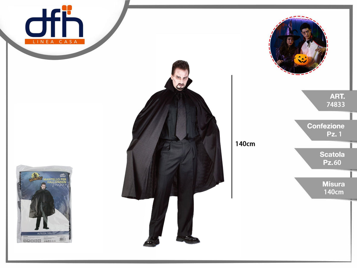 Mantello nero da vampiro con collo alto, 140 cm