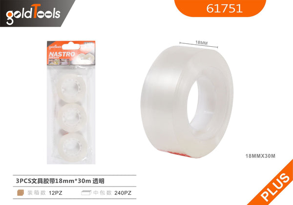 Nastro adesivo per cancelleria, confezione da 3 rotoli, trasparente, 18mm x 30m