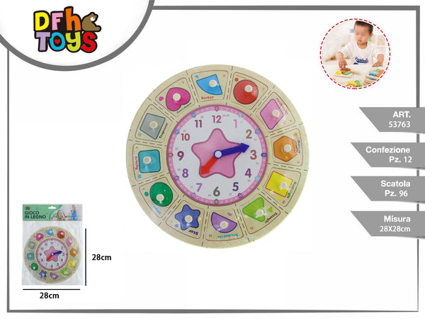 Orologio puzzle in legno con forme e pomelli, 28 cm