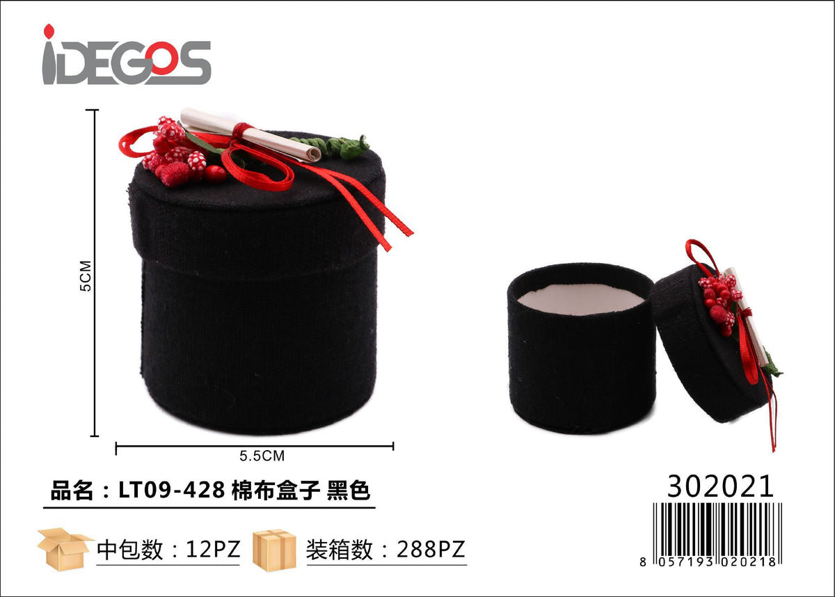 Scatolina cilindrica in cotone nero e rosso con fiocco, LT09-428