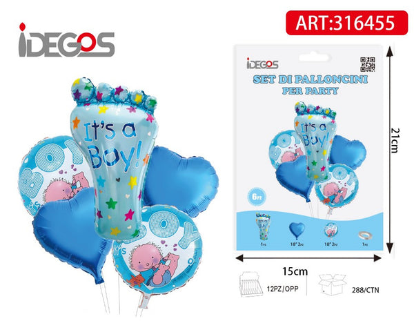 Bouquet di palloncini con piedino, cuori e decorazioni rotonde