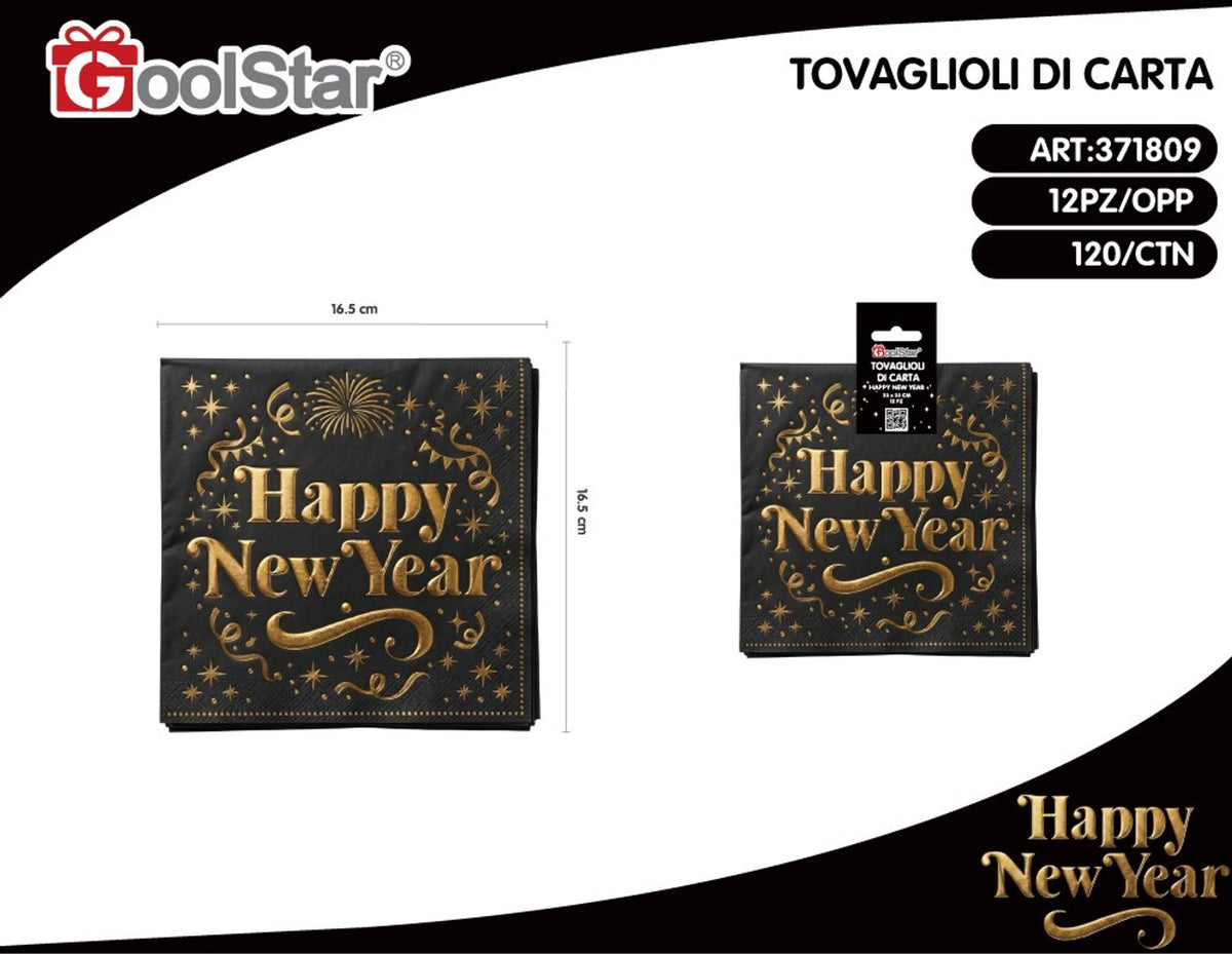 Tovaglioli di carta Happy New Year neri e dorati, 12 pezzi