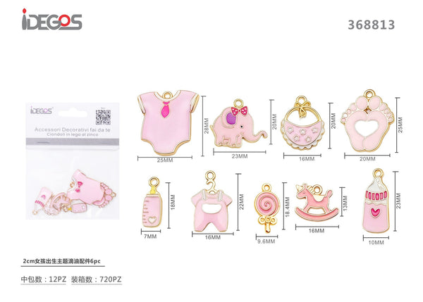 Set di 6 ciondoli decorativi per nascita, rosa, 2 cm