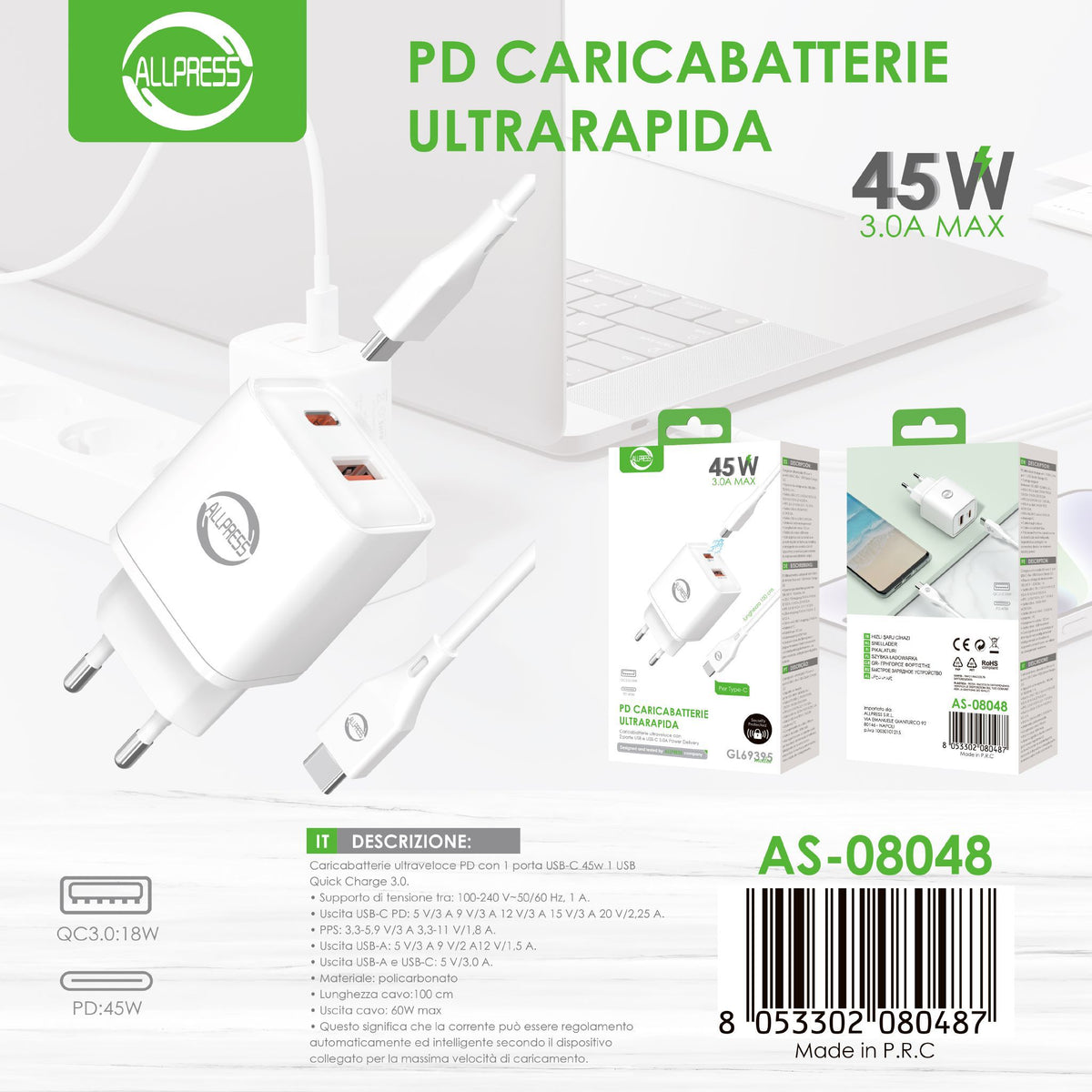 Caricabatterie con cavo USB-C a USB-C
