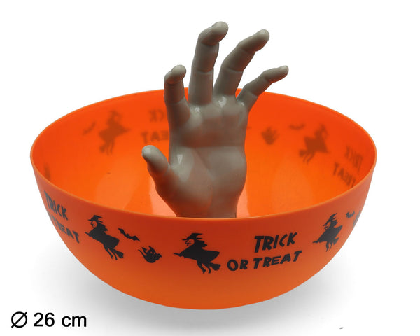 Ciotola Halloween arancione con mano decorativa, 26 cm