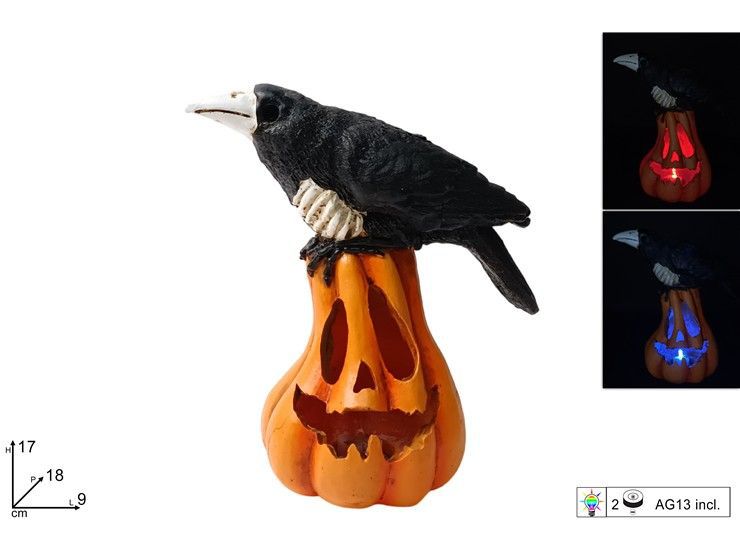 Zucca luminosa con corvo decorativo, 17 cm