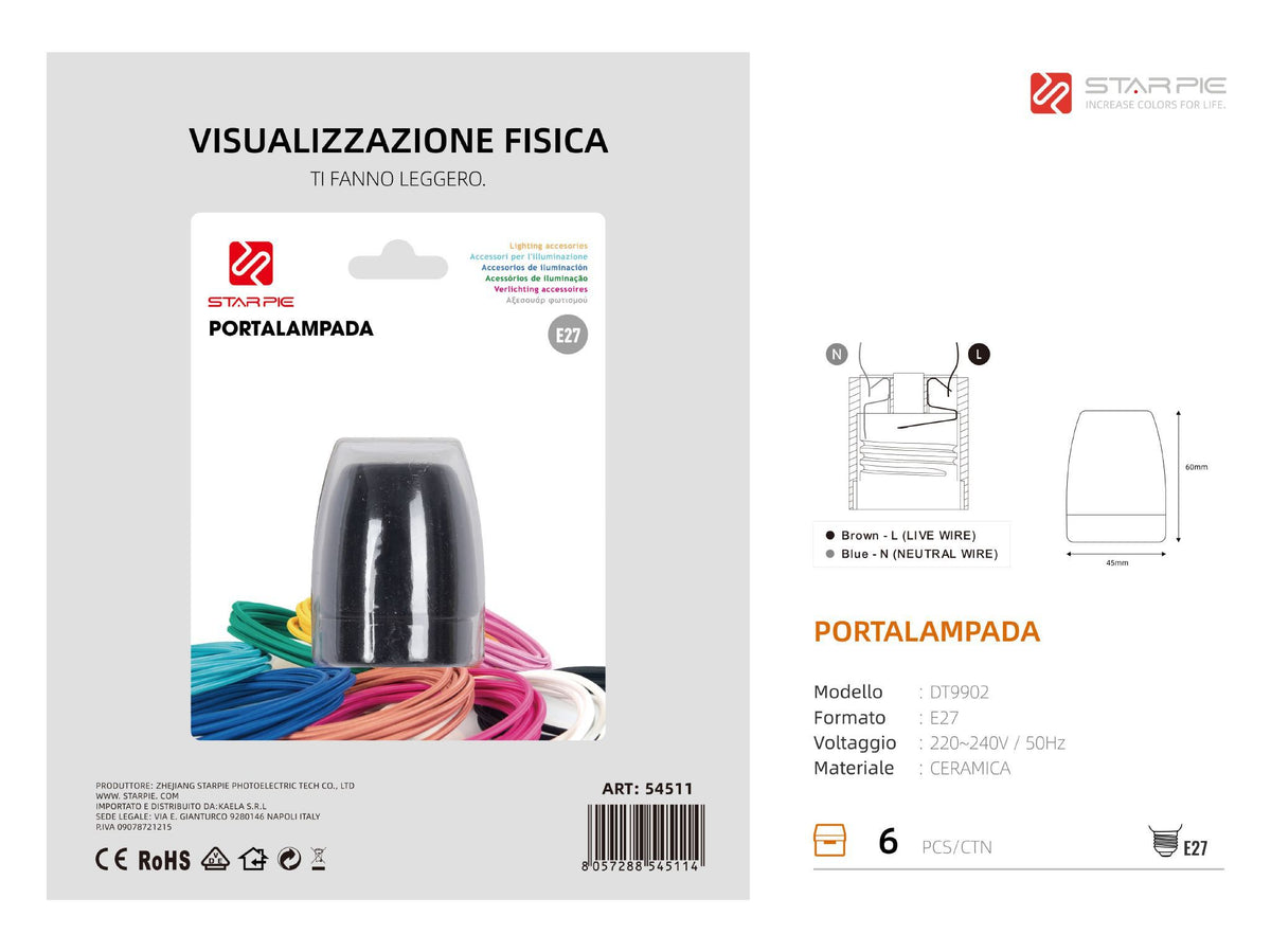 Portalampada DT9902 E27 in ceramica, colori selezionabili