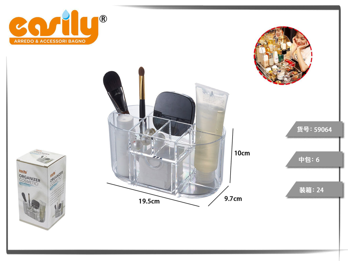 Organizer cosmetici trasparente con estremità arrotondate