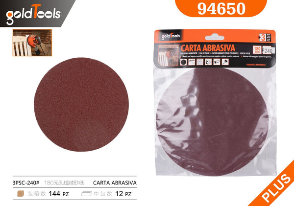 Carta abrasiva senza fori, grana 220, formato 180, 3 pezzi