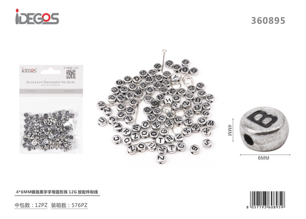 Perline tonde con lettere nere, 4 x 6 mm, 12 g