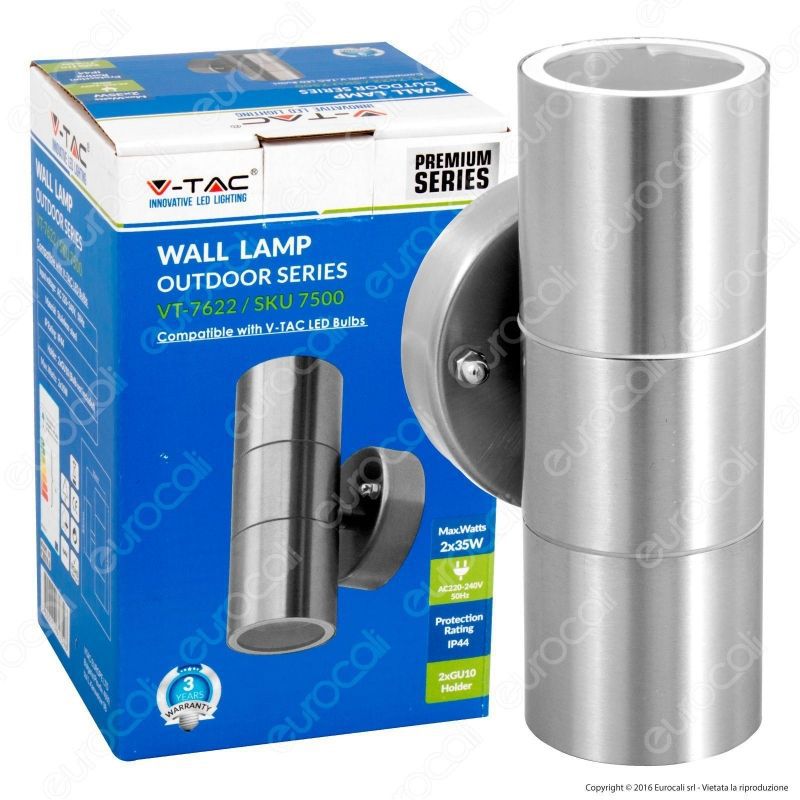 Applique V-TAC in acciaio con due attacchi GU10 IP44