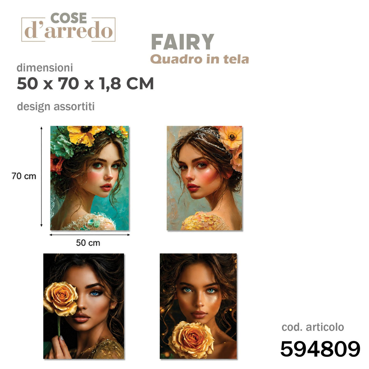 Quadro in tela Fairy con ritratto floreale, 50 × 70 cm