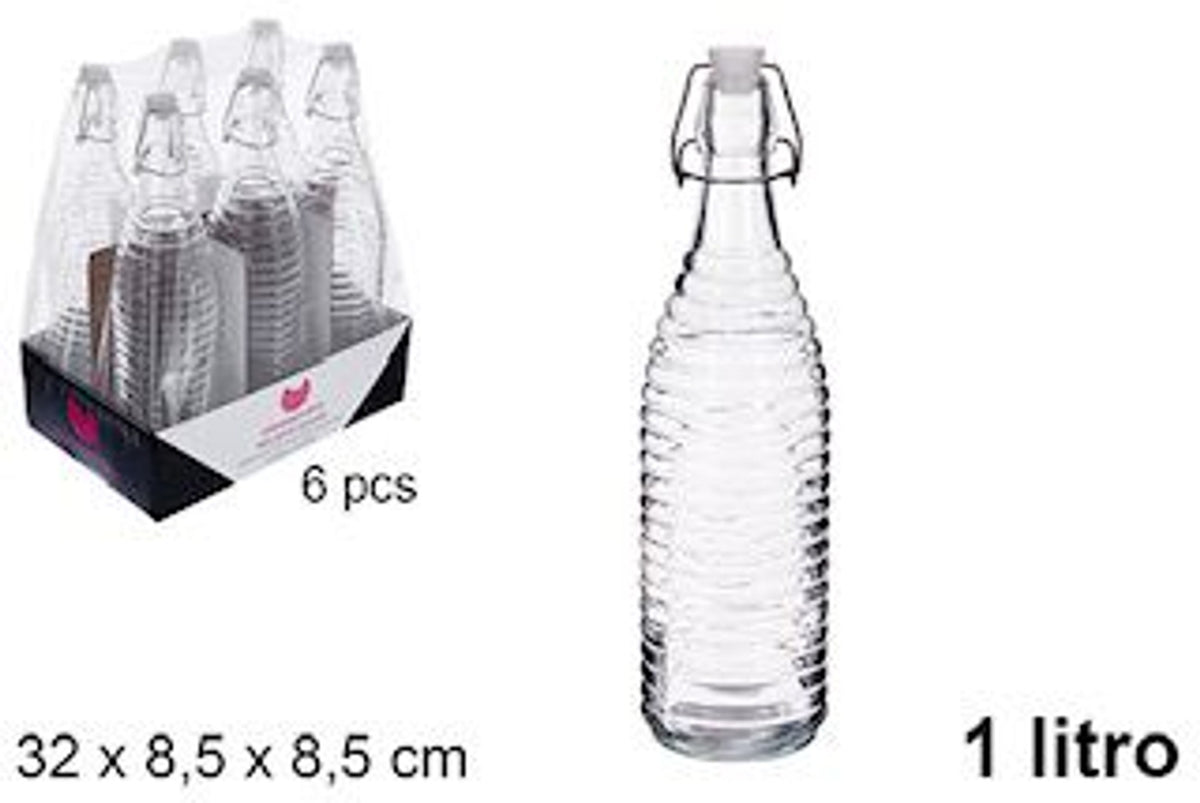 C.M BOTTIGLIA D'ACQUA IN VETRO CON RILIEVO A RIGHE E TAPPO PER SODA 1L