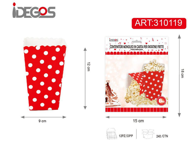Contenitori in carta per popcorn, rossi a pois, 6 pezzi