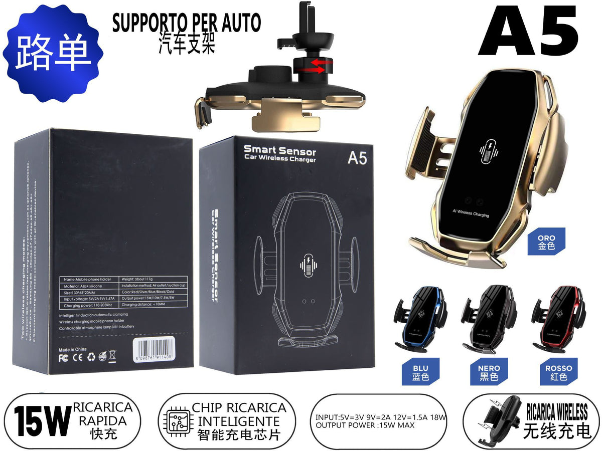 SUPPORTO AUTO CON CARICA WIRELESS TOUCH 15W – A5