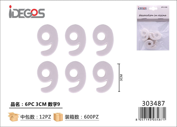 Set di 6 decorazioni Numero 9 in resina, 3 cm