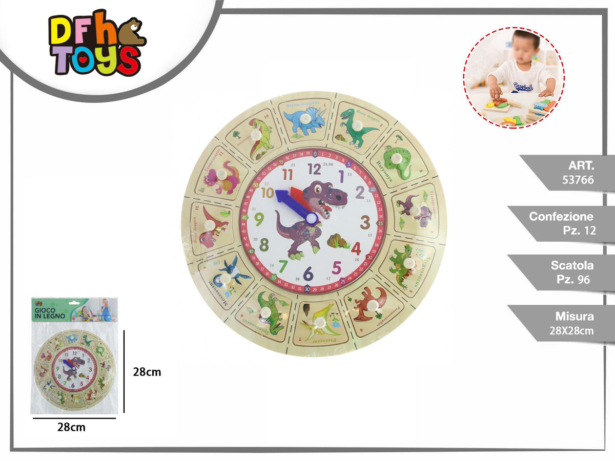 Puzzle orologio in legno con dinosauri, 28 cm