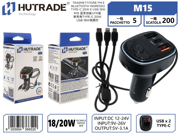 M15 TRASMETTITORE FM E BLUETOOTH INGRESSO TYPE-C 20W E USB 18W