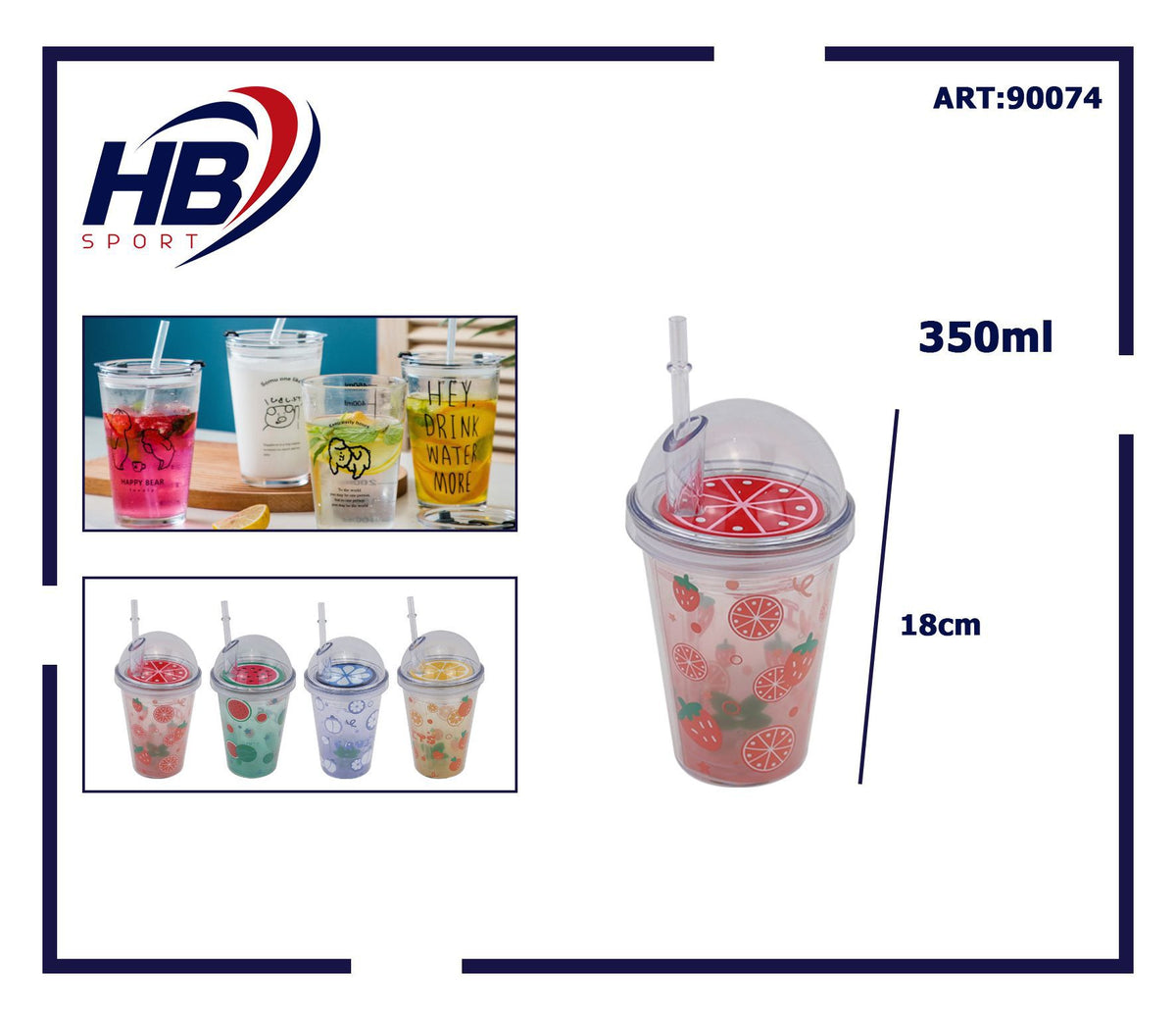Bicchiere con cannuccia e motivi frutta, 350 ml