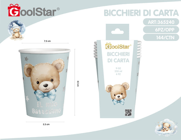 Bicchiere di carta, battesimo con orsetto celeste