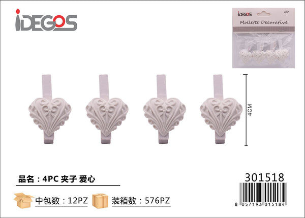 Set di 4 mollette decorative a cuore in resina
