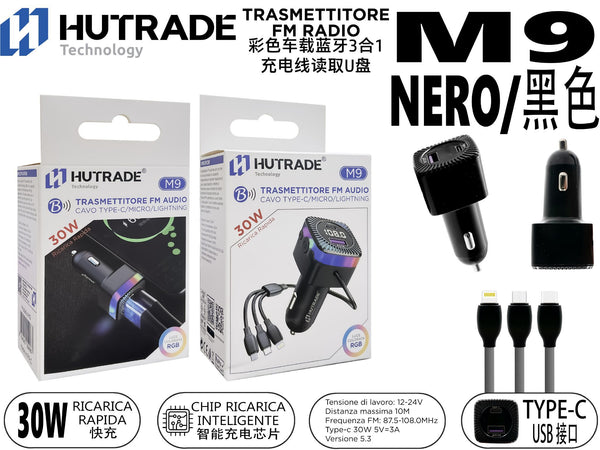 M9 TRASMETTITORE MULTICOLORE FM AUTO BLUETOOTH CON CAVO 3IN1 LETTORE USB