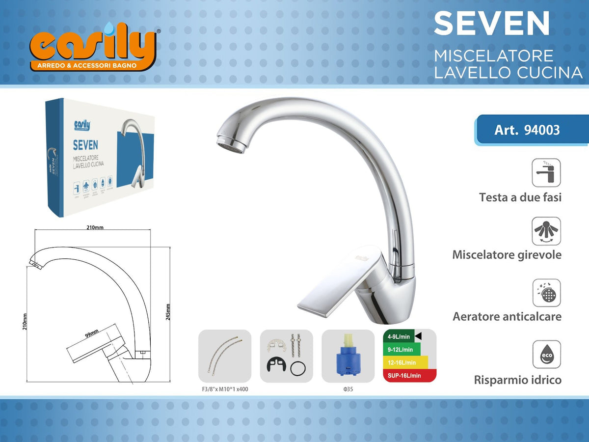 Miscelatore monocomando per lavello Seven a canna curva