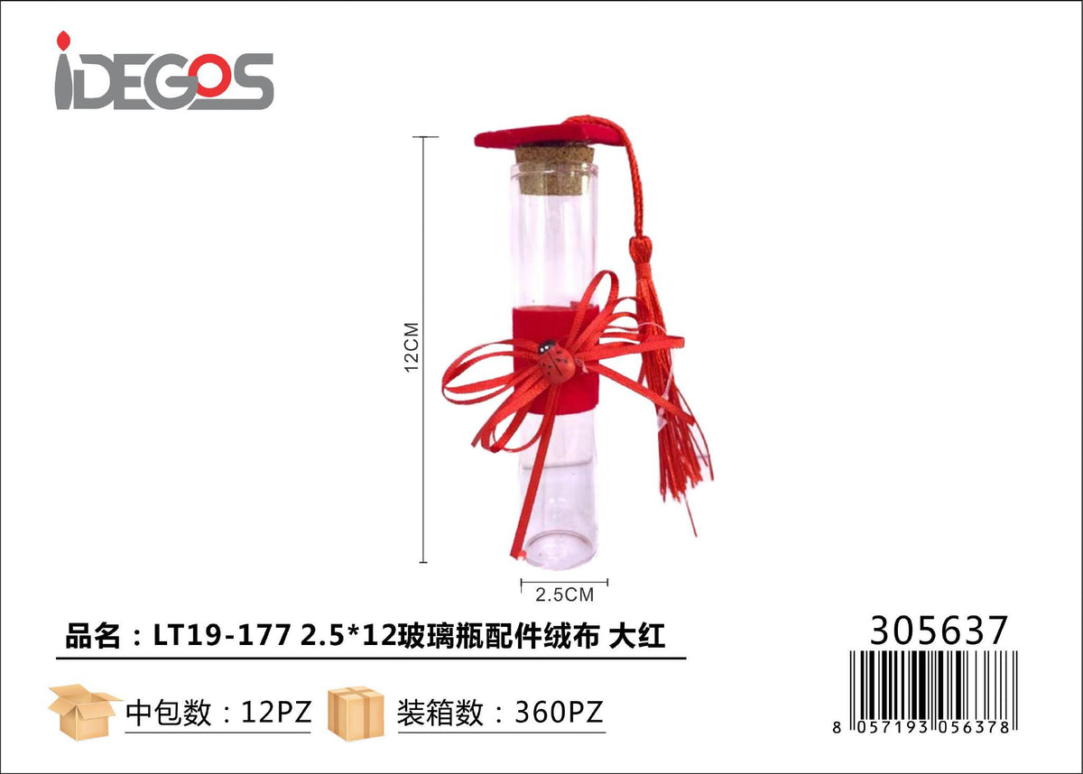 Bottiglietta in vetro con velluto rosso, LT19-177, 2,5 x 12 cm