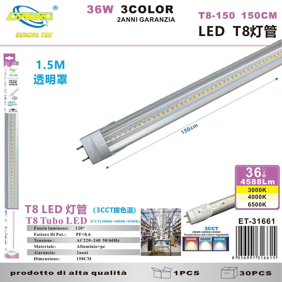 Tubo luminoso a temperatura di colore selezionabile