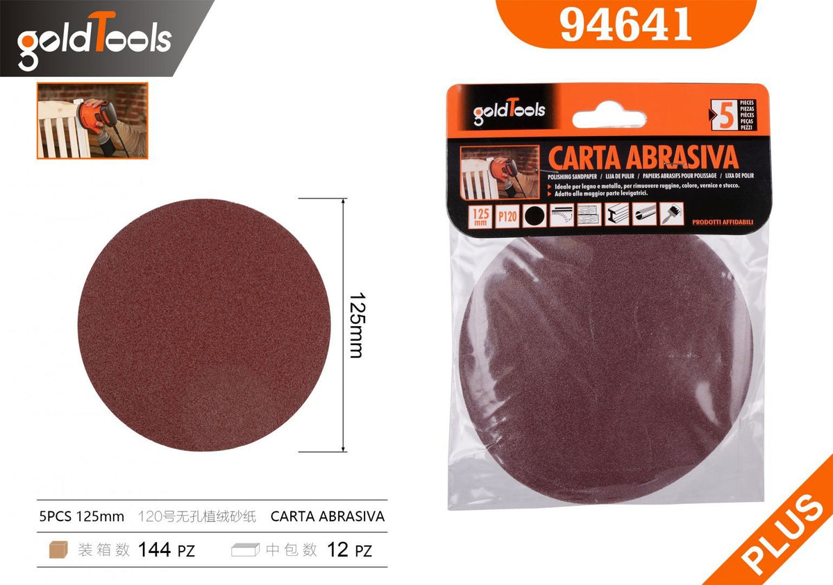 Carta abrasiva senza fori, grana 120, formato 125, 5 pezzi