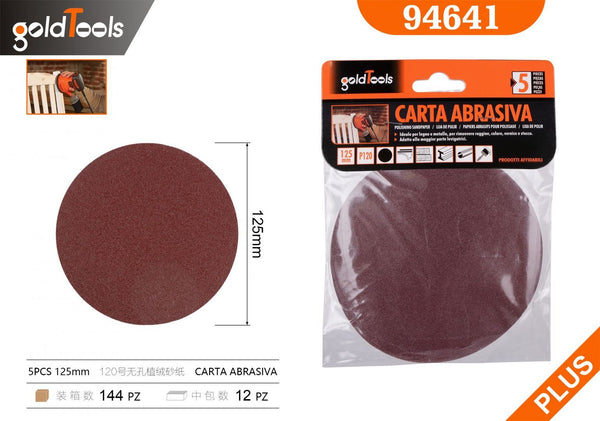Carta abrasiva senza fori, grana 120, formato 125, 5 pezzi