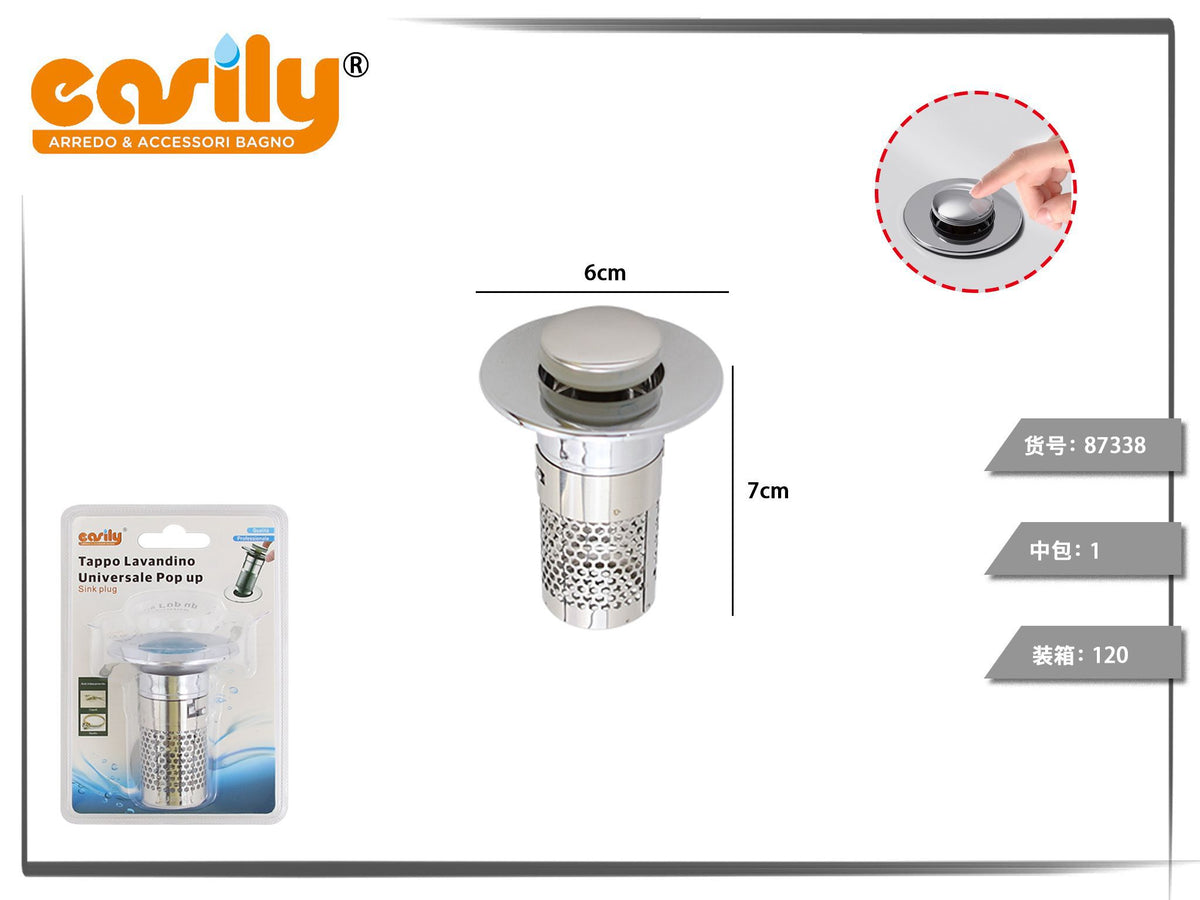 Tappo pop-up per lavabo con cestello forato e collare alto