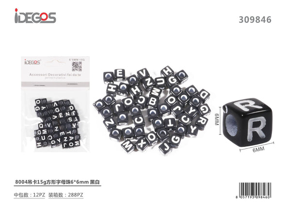 Perline cubiche con lettere, bianco e nero, 6 x 6 mm, 15 g