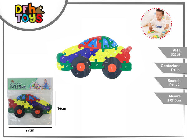Puzzle in legno automobile con lettere e numeri 29 × 16 cm