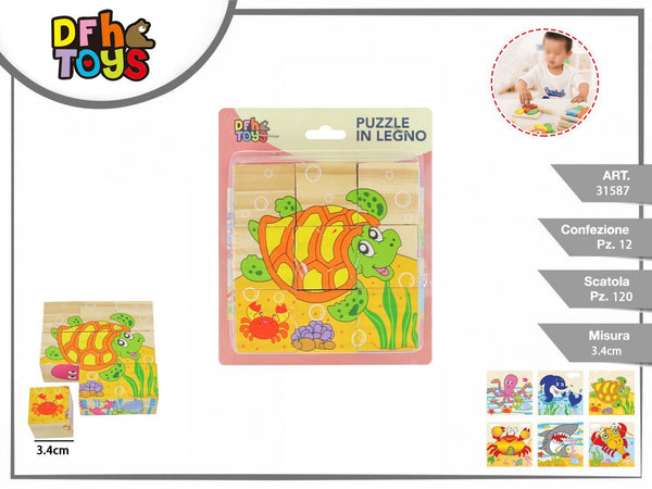 Puzzle in legno con 9 cubi e animali marini