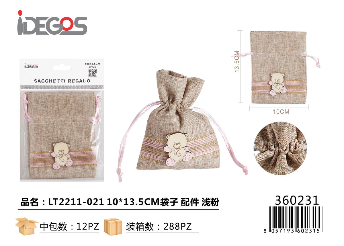 Sacchetto in juta con orsetto rosa, LT2211-021, 10 x 13,5 cm