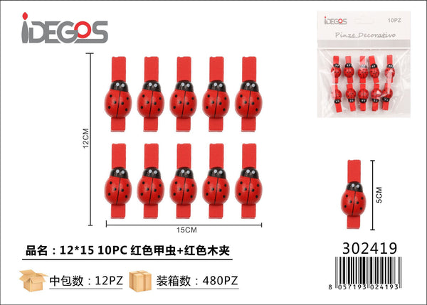 Mollette rosse con coccinelle, 3 cm, 10 pezzi