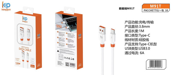 Cavo M91T in silicone USB-A a USB-C 120 W 6 A ricarica rapida 1 m