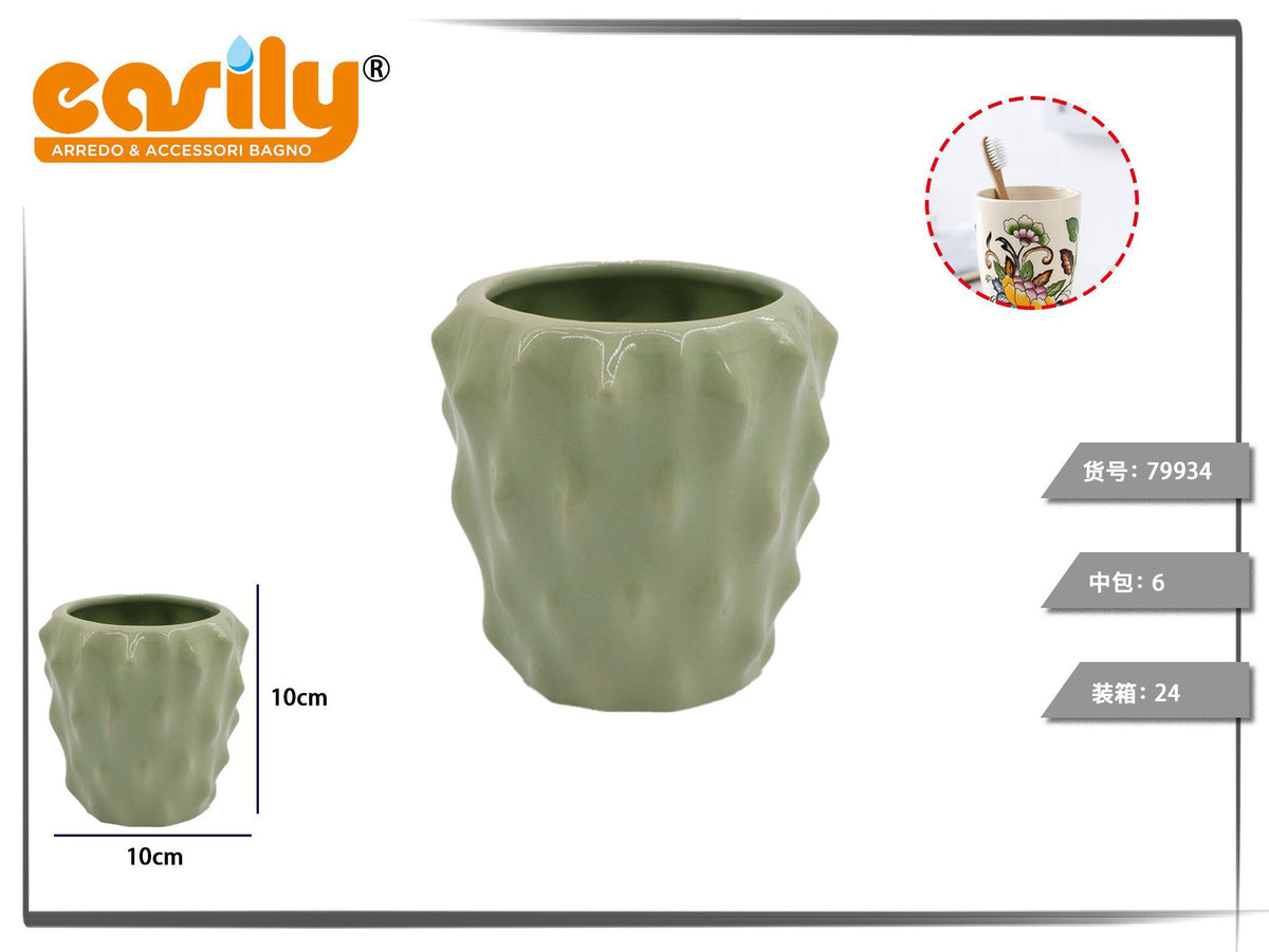 Bicchiere bagno in ceramica verde a rilievo