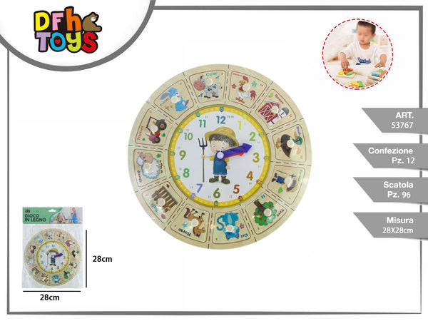 Orologio giocattolo in legno con puzzle fattoria 28 cm