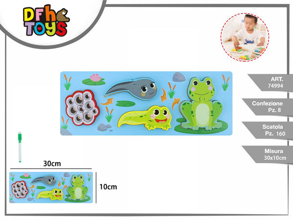 Puzzle in legno con ciclo della rana 30 × 10 cm