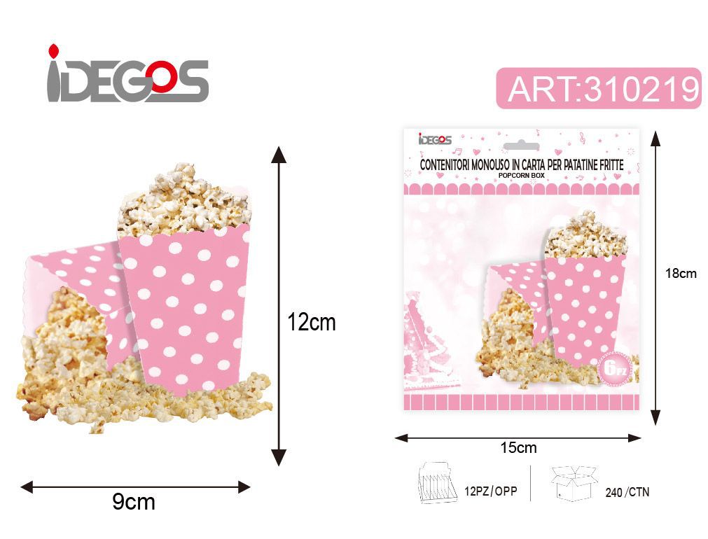 Contenitori in carta per popcorn con puntini 6pz rosa